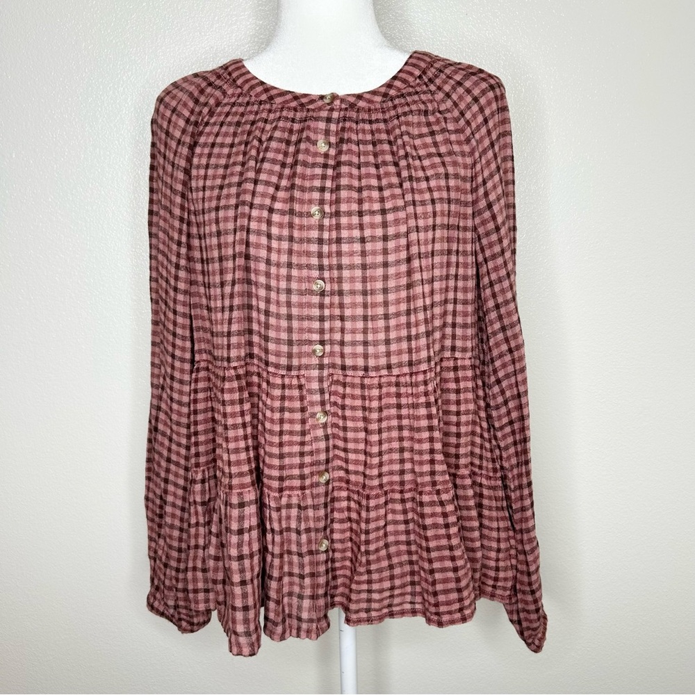 Lucky Brand Womens Brown Rose Plaid Smocked Long Sleeve Button Up Shirt Size M